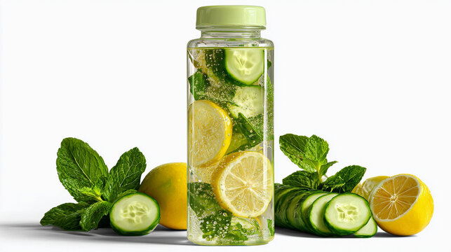 lime and cucumber slice in water bottle, alkaline drink concept