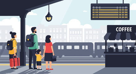 A heartwarming flat design illustration portrays a family eagerly waiting for their train on a clean station platform, capturing a moment of shared travel anticipation.