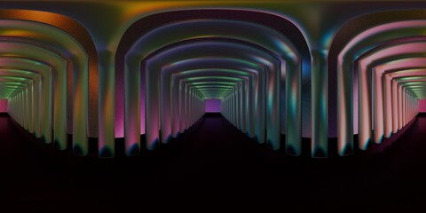 Moody HDRI tunnel with colorful ambient gradients and repeating arches. Perfect for stylized 3D lighting, VR environments, and CGI product scenes.
