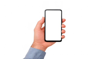 Hand holding smartphone with blank white screen isolated on transparent background technology concept close up copy space modern device digital communication business mockup relaxed mood