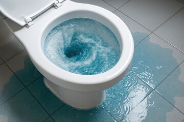 Plumbing emergency overflowing toilet home bathroom image of damage indoor close-up view water safety issue