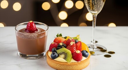 Luxurious New Year dessert spread with gold and festive details.