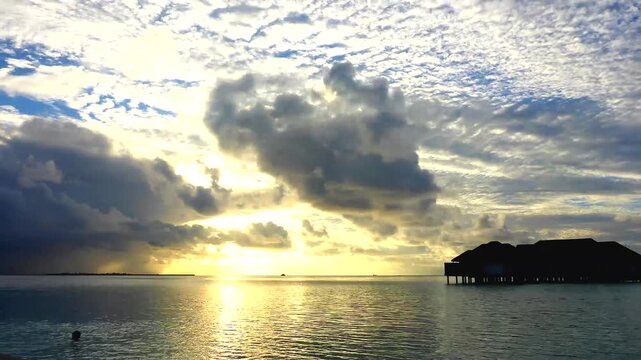 Timelapse in tropical Island, beautiful isolated luxury water bungalows of the Maldives Island