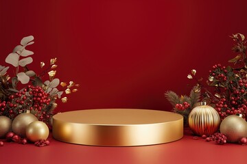 Luxurious gold circular podium against a rich red background, adorned with gold and red Christmas ornaments, berries and festive foliage. Ideal for holiday product display