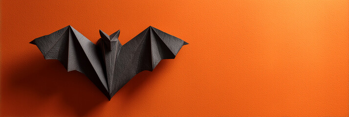 Extreme close-up, ultra-realistic macro photograph of a black origami bat on an orange background with copy space. Perfect for Halloween-themed design or magazine cover. Generative Ai.