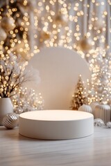 Clean white circular podium against soft beige circle backdrop, surrounded by bright golden bokeh lights, white Christmas trees and elegant winter decor. Ideal for luxury product display