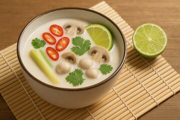Delicious thai coconut soup recipe home kitchen food photography cozy atmosphere close-up culinary art