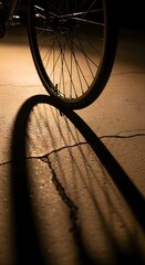 A close-up of a bicycle wheel casting a shadow on the ground in warm lighting, highlighting the spokes and tire with a focus on texture and contrast