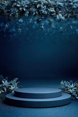 Vertical dark blue Christmas product podium featuring blue-silver festive foliage hanging from the top. Perfect for vertical luxury seasonal advertisement