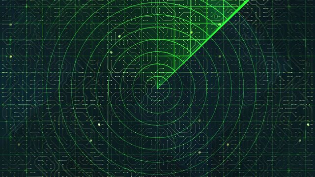 green radar screen with spinning sweep against a dark digital circuit board background grid, tracking system concept, surveillance, cyber security, military technology, navigation systems