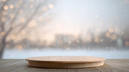 Round wooden product podium on wood surface with soft blurred winter background, featuring snow falling and warm bokeh lights. Excellent for cozy holiday, Christmas product display
