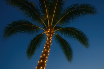 Palm tree decorated with lights at dusk tropical paradise photography scenic view serenity