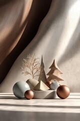 Vertical abstract Christmas holiday display with organic wavy forms in warm earth tones. Wooden Christmas trees, spheres and dry branch, highlighted by strong natural light