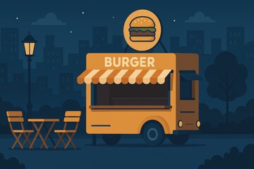 Food truck serving burgers at night in urban park digital illustration vibrant atmosphere