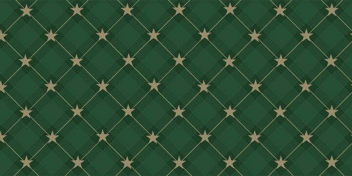 Christmas rhombus seamless pattern. Xmas plaid texture with gold line and stars. Green argyle geometric diamond abstract pattern.