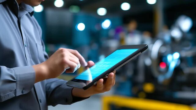 Faceless engineer using a tablet to analyze tool specifications in a smart workshop, cool-toned lighting, professional atmosphere, with copy space.