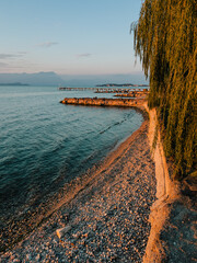 Fototapeta premium Golden hour light illuminating pebble beach and willow tree by Lake Geneva with pier and mountains in background during clear summer evening. Swiss Alps at Lake Geneva during serene summer twilight