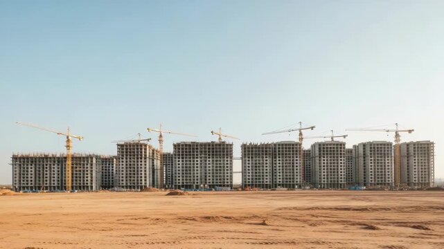 Major construction site with high rise buildings under development. Tower cranes working on a new residential district. Real estate investment and urban expansion concept