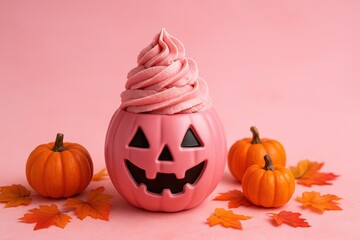 Halloween-themed pink pumpkin dessert festive setting food photography whimsical viewpoint seasonal delight