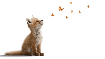 Curious baby fox observes butterflies in serene minimalist white background