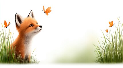 Obraz premium Adorable baby fox observing butterflies in nature themed design on white background for poster or card