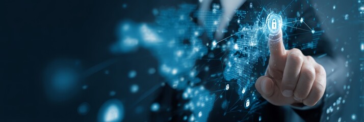 Digital Security Concept with Finger Touching Lock Icon on Virtual Map