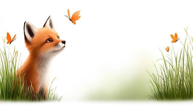 Adorable baby fox observing butterflies in nature themed design on white background for poster or card
