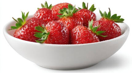 Fresh dewy strawberries in white ceramic bowl isolated on white background for healthy food and natural fruit themes