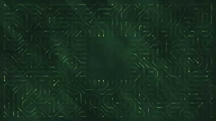 Seamless loop of dark green digital circuit board pattern with flowing light or electricity simulating data transfer on a motherboard, computer science, programming - Powered by Adobe