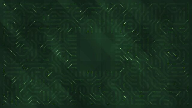 Seamless loop of dark green digital circuit board pattern with flowing light or electricity simulating data transfer on a motherboard, computer science, programming