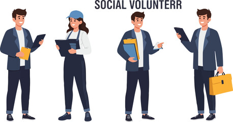 Fototapeta premium Diverse Social Volunteers with Documents and Digital Devices Vector Illustration Set