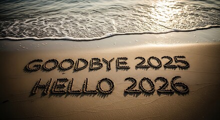 "Goodbye 2025 Hello 2026" Written in Beach Sand with Gentle Ocean Waves for New Year's Transition