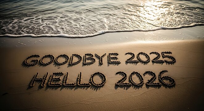 "Goodbye 2025 Hello 2026" Written in Beach Sand with Gentle Ocean Waves for New Year's Transition