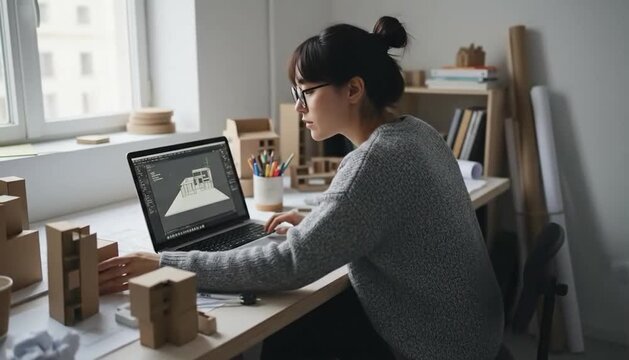 A person works on a computer screen with a model design on the desk.