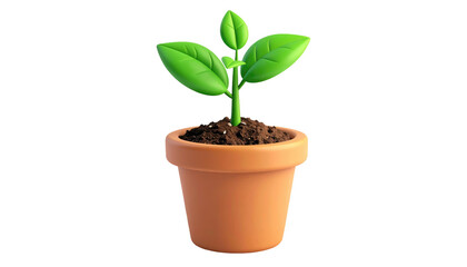 A cartoon rendering of a young plant with bright green leaves in a brown clay pot, isolated on a black background