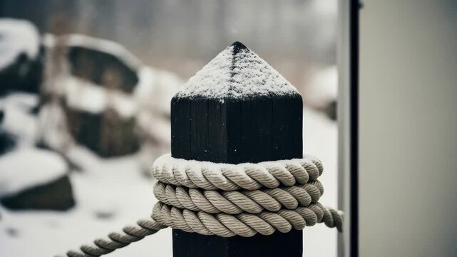A thick rope is wrapped around a snow covered wooden bollard during a winter snowfall. Cinematic composite banner showing a quiet and cold seasonal maritime detail