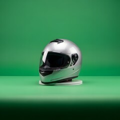 A sleek, modern motorcycle helmet with a reflective visor placed on a round stand against a vibrant green background