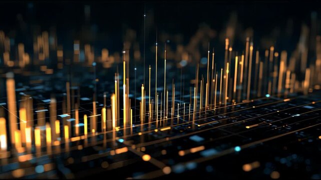 Abstract digital cityscape with glowing orange and blue lights representing data flow and connectivity in a futuristic network - Powered by Adobe