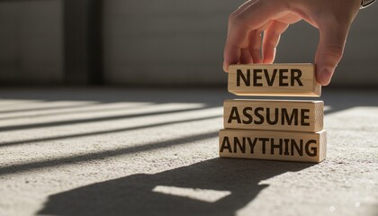 Hand stacking wooden blocks spelling 'Never Assume Anything' on a concrete floor with sunlight and shadows