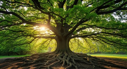 Fototapeta premium A majestic oak tree with green leaves and a sun shining through its branches in a park setting.