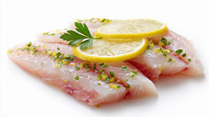 raw perch fillet slices on white background with clipping path 
