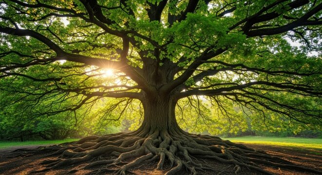 A majestic oak tree with green leaves and a sun shining through its branches in a park setting.