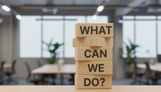 WHAT CAN WE DO? text on wooden blocks in a modern office, symbolizing business problem-solving and strategy.