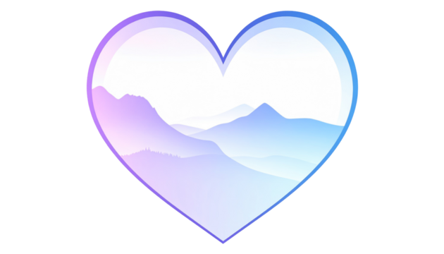 Heart-shaped mountainscape pastel-hued mountains framed by a gradient heart against a black background create a tranquil scene - Powered by Adobe