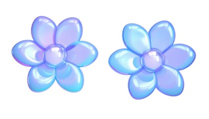 Two five-petal flowers rendered with shiny, semi-transparent pastel light blue and lavender textures, on black