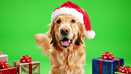 Golden retriever wearing a santa hat sitting with christmas presents on a green screen background - Powered by Adobe