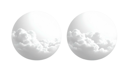Two white spheres filled with fluffy clouds, set against a stark black background, creating a surreal and dreamlike image