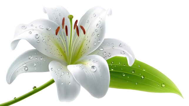 Fototapeta Elegant white lily with sparkling dew drops on white background - ideal for floral design and nature themes