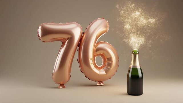 Balloon shaped as number 76, next to popping champagne bottle. Neutral colors for birthday or anniversary