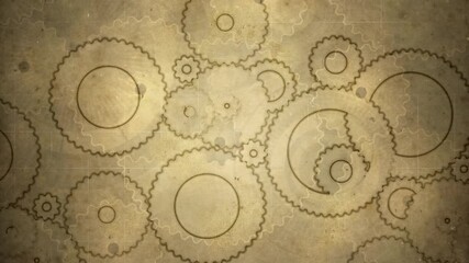 Gears and cogs against retro sepia-toned paper texture background with animated dust and scratches overlaid on abstract drawn clockwork components - Powered by Adobe
